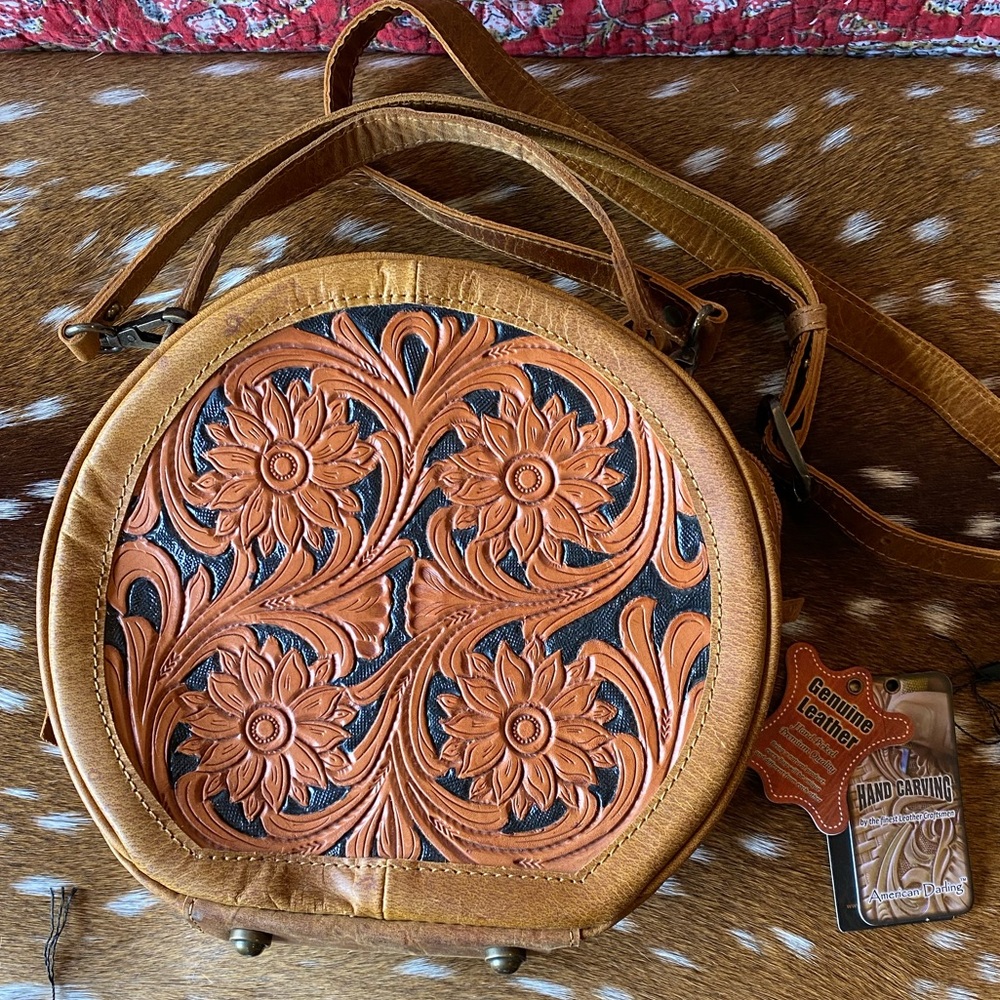 American Darling tooled leather round crossbody